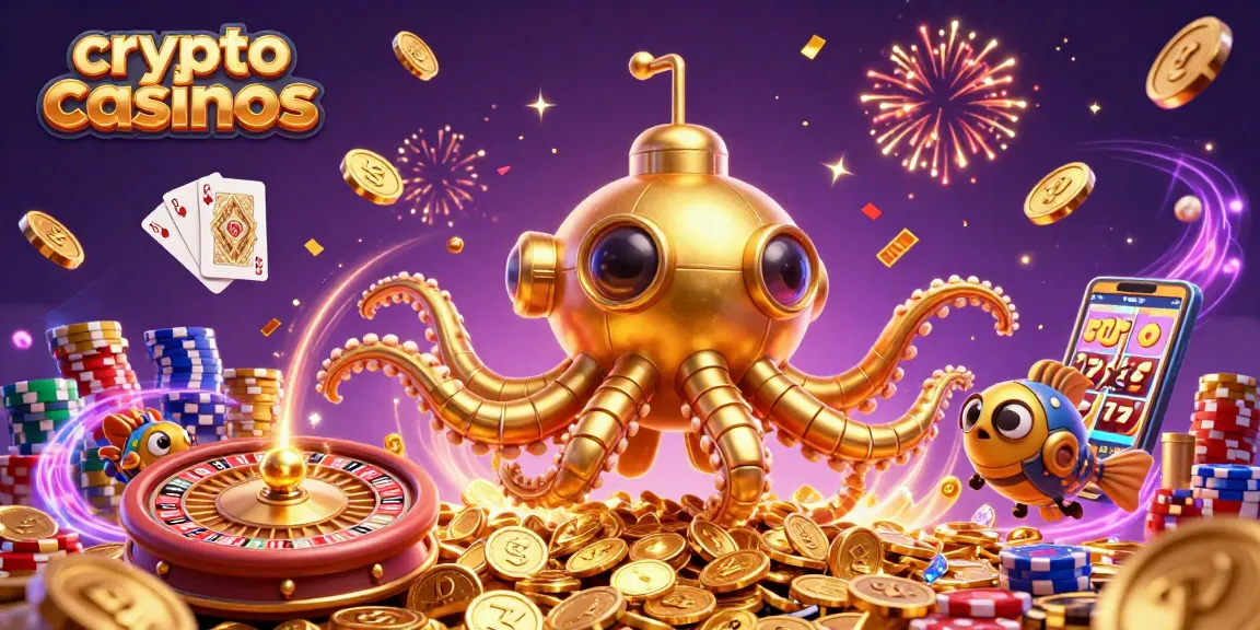 Profitez d'une aventure des crypto casinos avec un kraken doré entouré de jetons et de cartes.