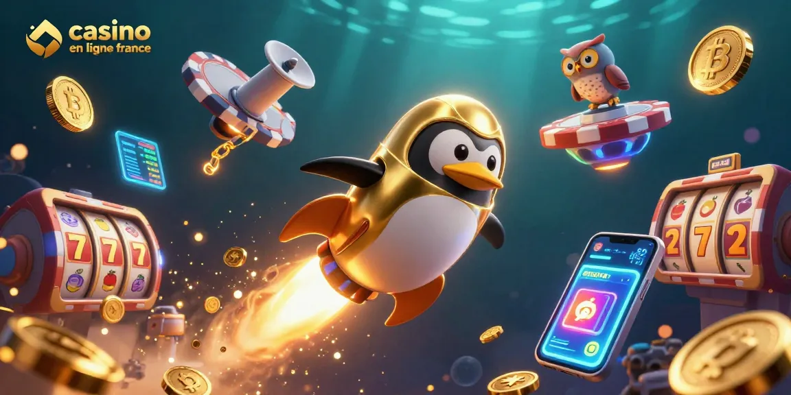 Le casino en ligne France s'anime avec un pingouin doré propulsé par des fusées, entouré de pièces et éléments de jeu.