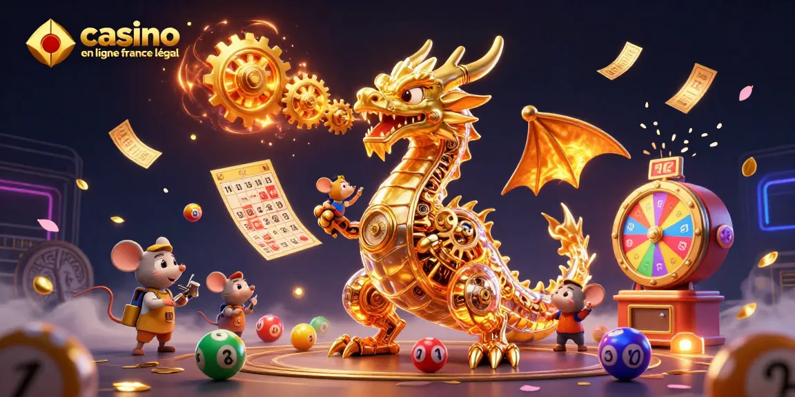 Illustration dynamique de casino en ligne France légal avec un dragon doré et des éléments de jeu pétillants.