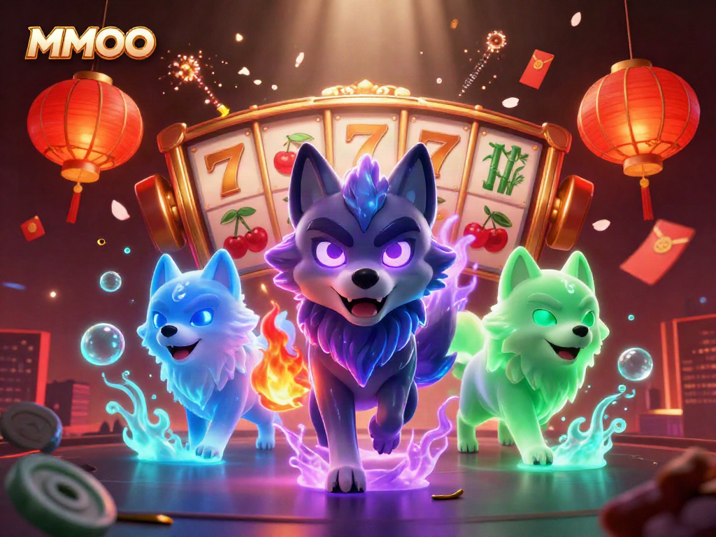 MMOO slot gaming action featuring mystical wolves and vibrant casino symbols.
