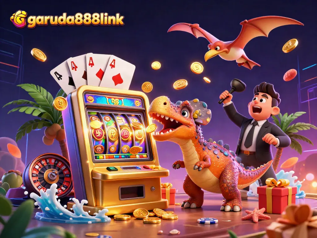 Experience excitement at garuda888link as a dinosaur wins jackpots, surrounded by casino action.