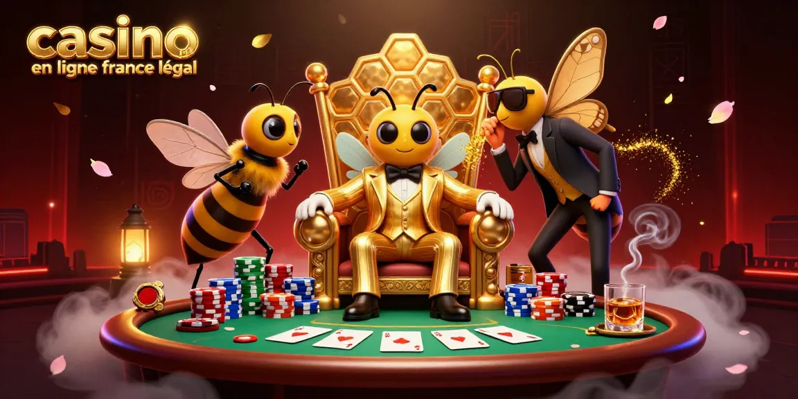 Jouer dans un casino en ligne légal en France avec un boss de la mafia abeille, entouré de gardes et de cartes.