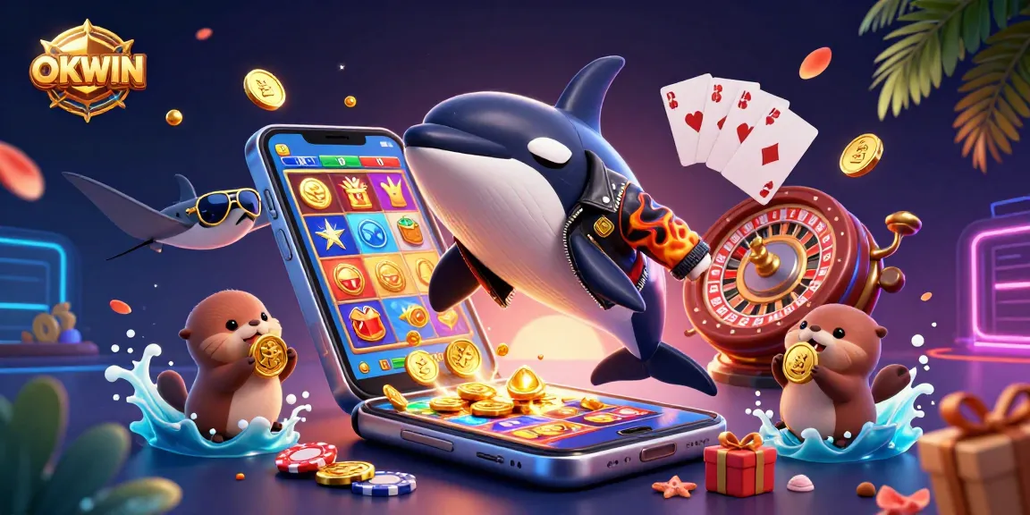 OKWIN players enjoying thrilling gambling with cartoon orca, stingray, and otters surrounded by vibrant casino elements.