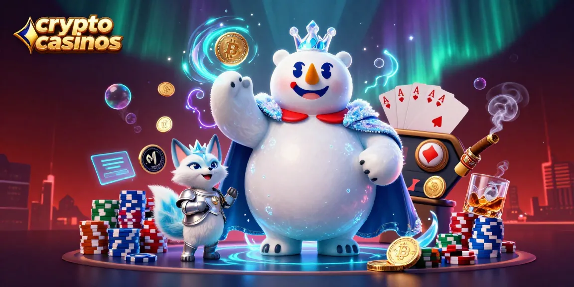 Explorez les casinos crypto avec un ours polaire royal et un renard en armure, entourés de jetons et de pièces.