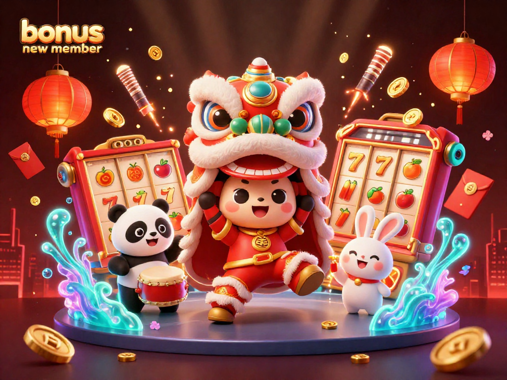 Watch the exciting bonus new member event unfold with slot reels, lucky symbols, and festive characters.