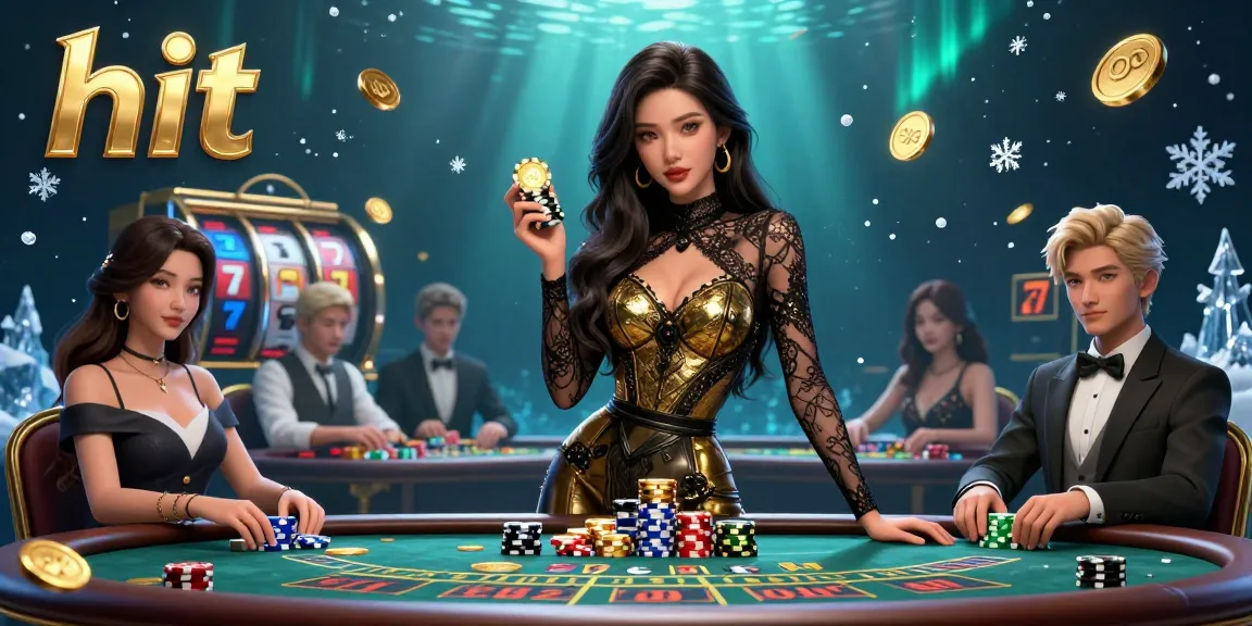 Engage with Hit Club casino excitement, showcasing an Asian woman at a high-stakes baccarat table with golden chips.