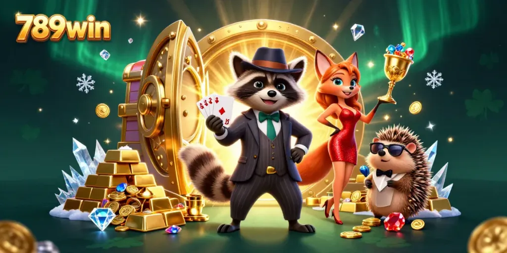 Experience excitement with 789win as a charming raccoon and companions celebrate a royal flush in a vibrant casino.