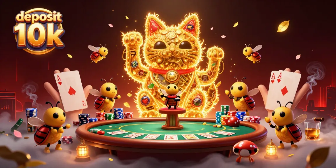 Win with deposit 10k at a vibrant casino scene filled with lucky symbols and poker action.