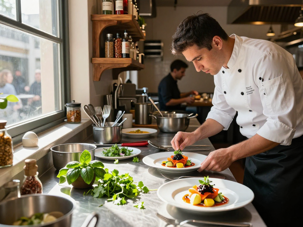 Chef designs gourmet dishes in a busy kitchen, emphasizing the slot in local dining.