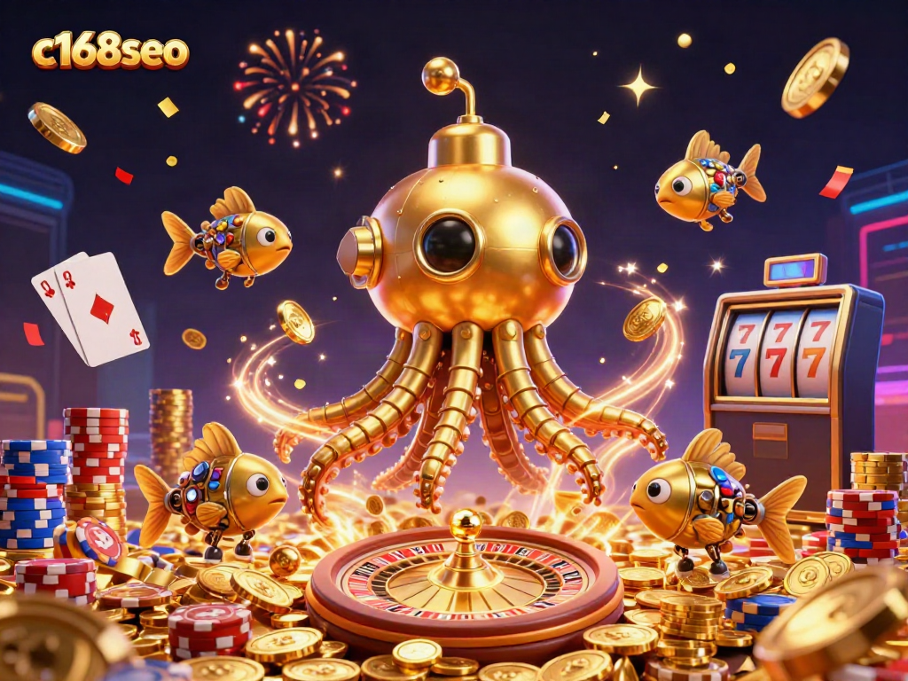 Experience the excitement of c168seo with a golden kraken submarine and treasures in a visual casino feast.