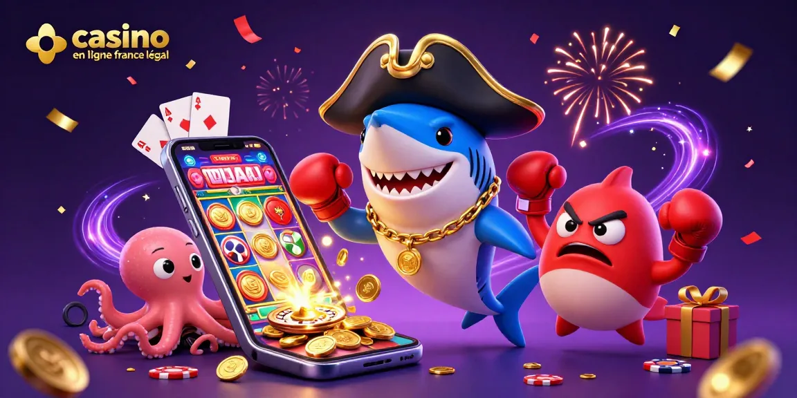Illustration festive d'un casino en ligne légal en France avec des personnages marins amusants.