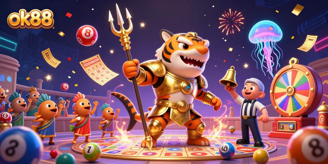 Experience excitement with ok88's vibrant 3D casino scene featuring lottery elements, confetti, and a lively underwater arena.