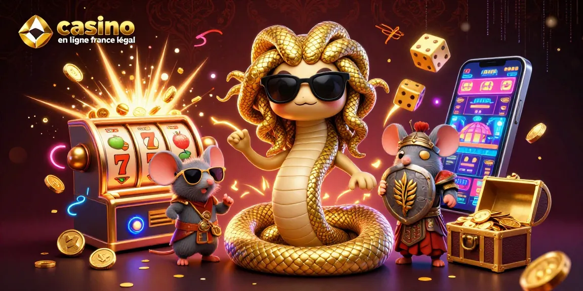 Illustre les jeux de casino en ligne France légal avec Medusa et un guerrier souris, animations riches et jackpot.