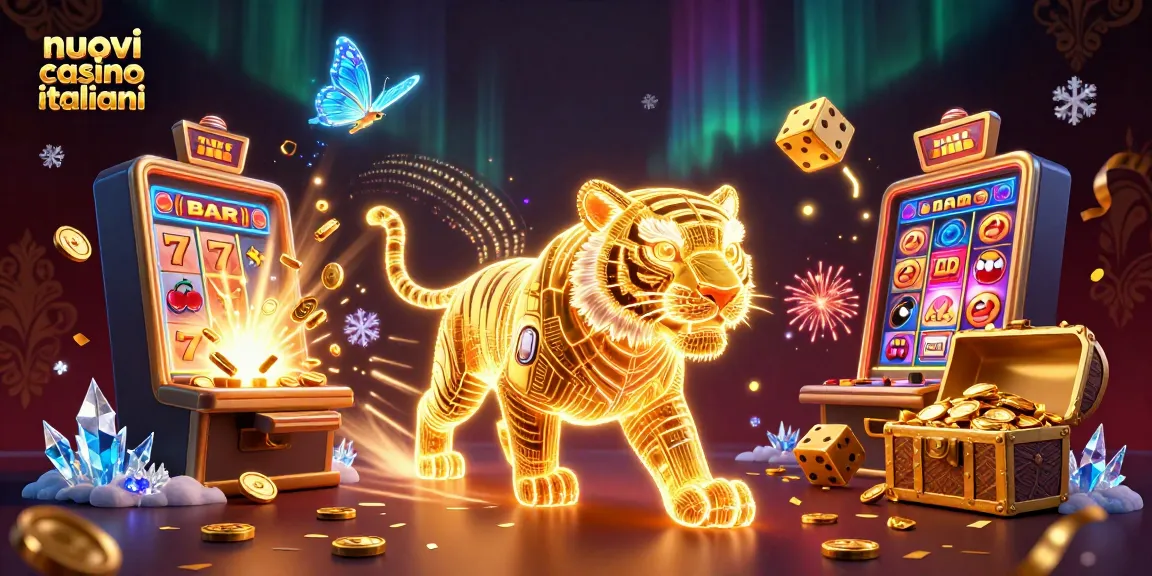 Scopri nuovi casino italiani con il tigre dorato e slot machine esplosiva in un'illustrazione vibrante.