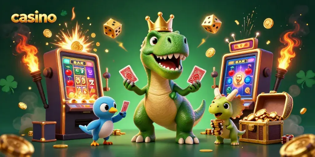 Engage in thrilling casino adventures with a T-Rex, pterodactyl, and triceratops in a vibrant 3D scene.