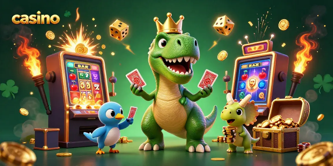 Engage in thrilling casino adventures with a T-Rex, pterodactyl, and triceratops in a vibrant 3D scene.