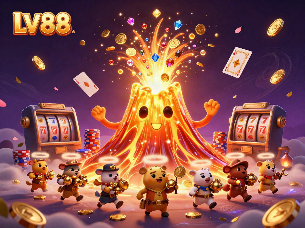 Experience LV88 with an epic volcano eruption scattering treasures, a dynamic online casino adventure.
