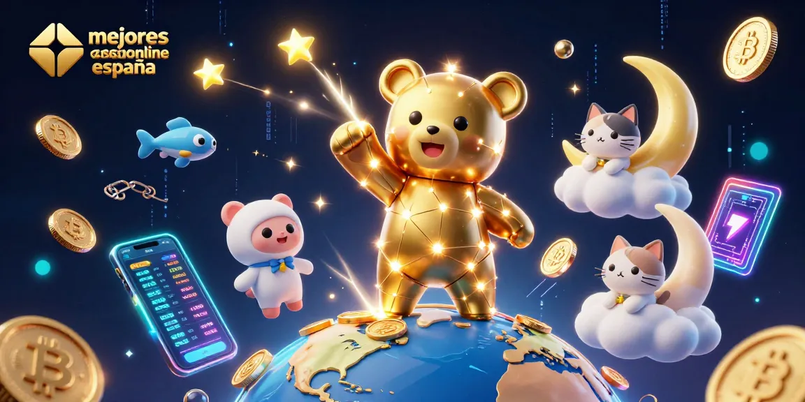 Mejores casinos online España: ilustración de un oso constelado recogiendo monedas mientras comparte el cielo con otros elementos de juego.