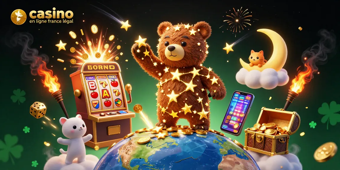 Jouez sur casino en ligne France légal avec notre illustration festive de machines à sous et de personnages animés