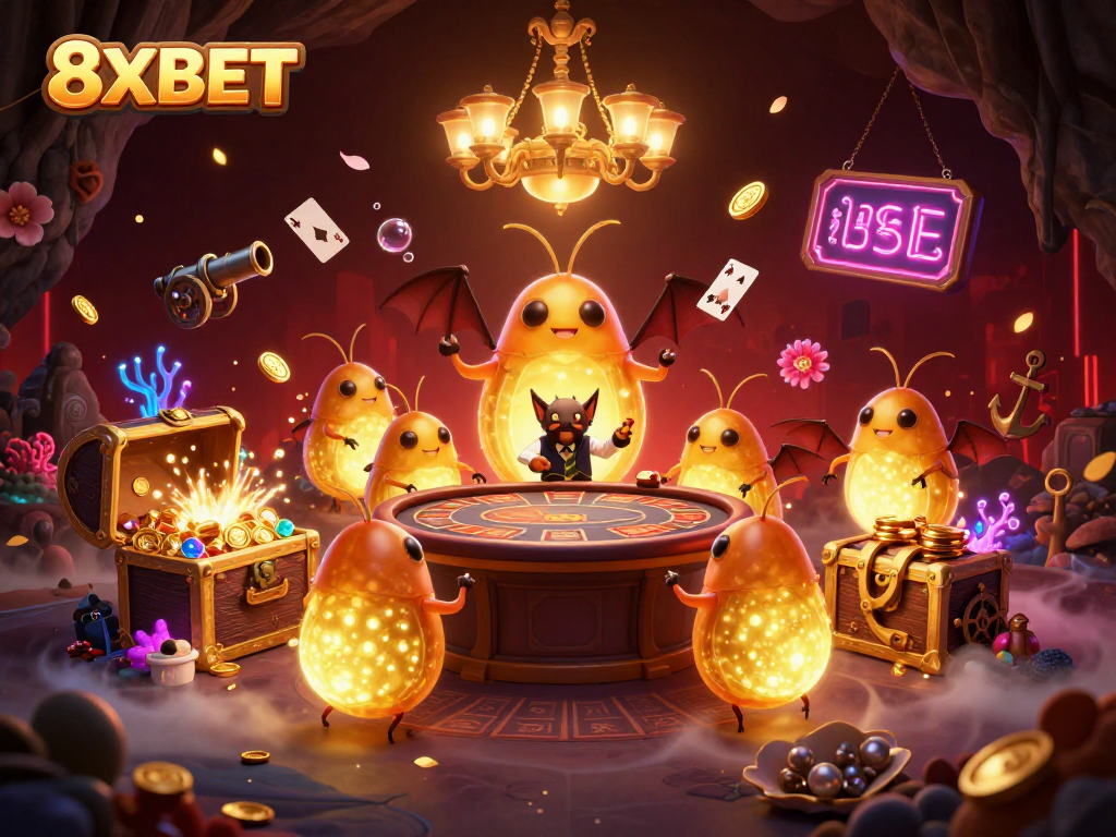 Experience thrilling gameplay at 8XBET with vibrant glowworms lighting the casino table as action unfolds.