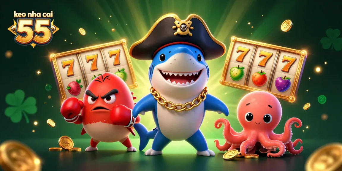 Join the excitement of keo nha cai 55 with animated characters amidst busy slot reels and gold coins.