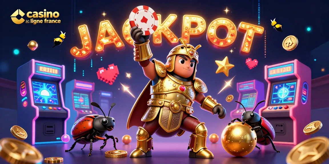Jouer sur un casino en ligne France en mode jackpot avec une illustration dynamique de coccinelle en armure et feux d'artifice.