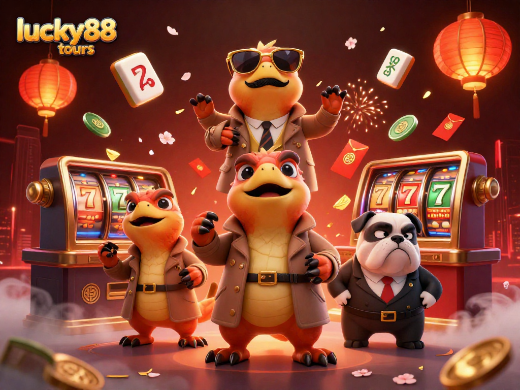 Experience lucky88 tours with lively raptors and vivid casino elements in this dynamic 3D illustration.