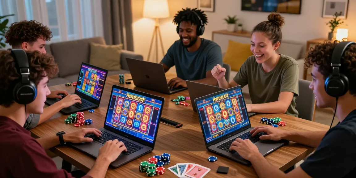 Exciting online gaming experience with players enjoying HWGSLOT on laptops and tablets in a cozy environment.