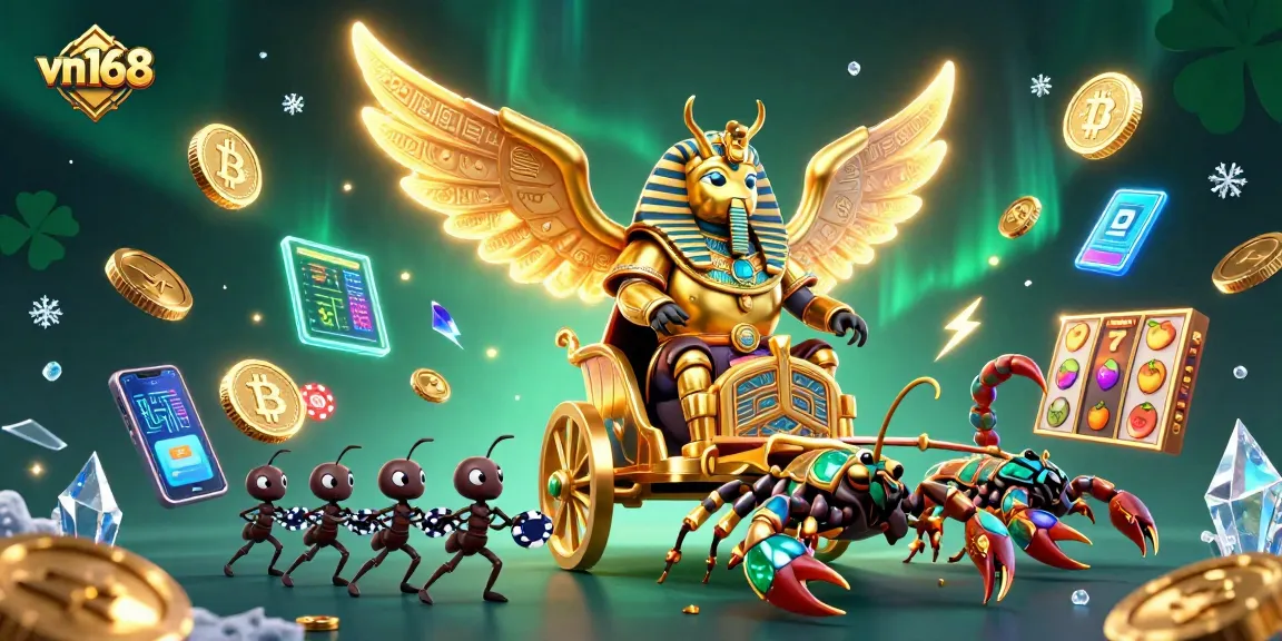Play exciting games at vn168, showcasing a vibrant 3D illustration with rich gambling elements.