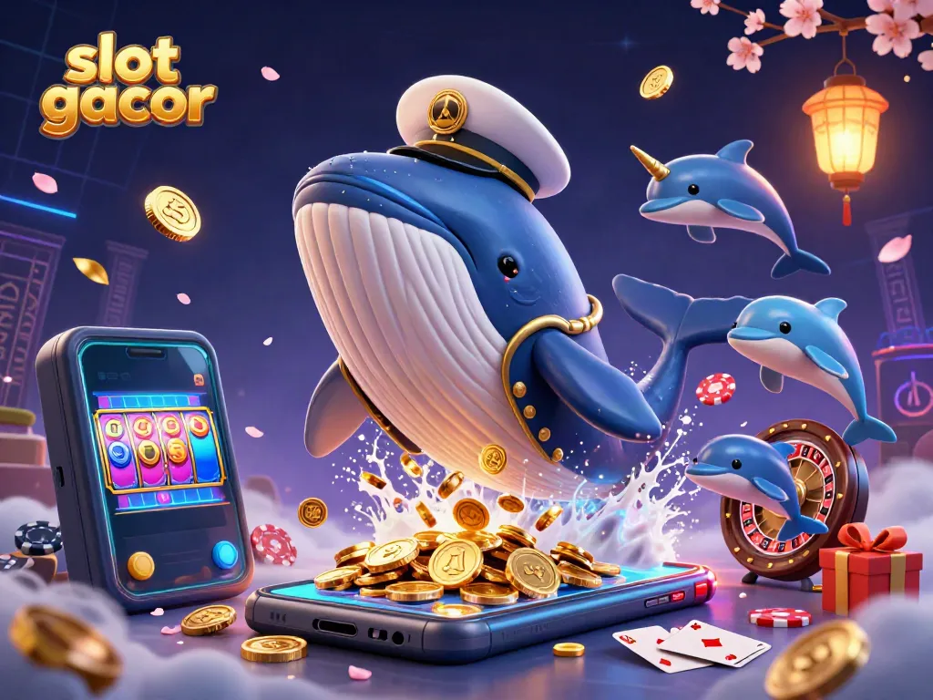 Experience slot gacor excitement with a whale and friends amid a treasure of coins and gaming elements.