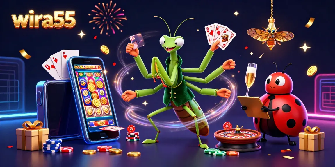 wira55 menghadirkan slot online dengan mantis raksasa dan ladybug di latar belakang kasino.