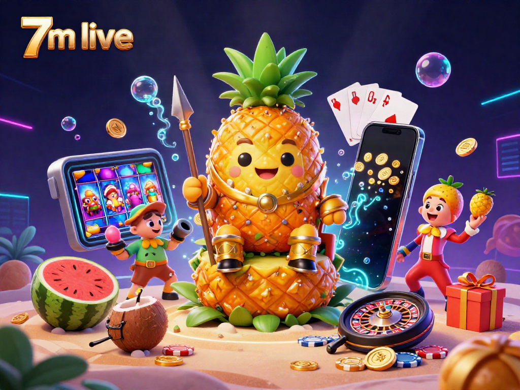 Experience exciting gameplay with 7m live, featuring a vibrant beach casino scene full of animated characters and gaming elements.
