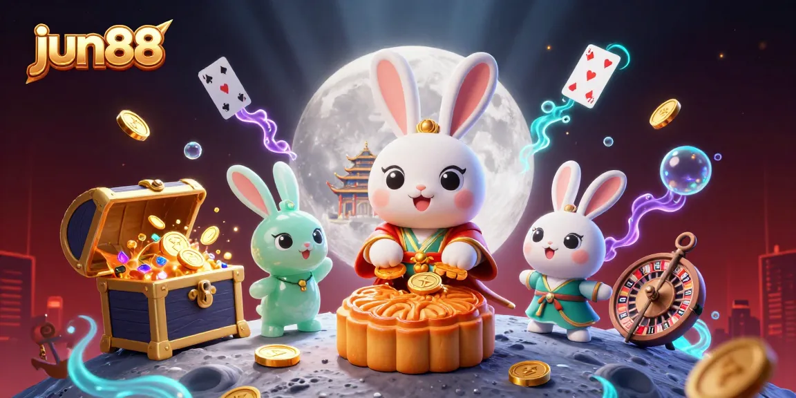 Experience the excitement of jun88 with a moon rabbit revealing poker chips while surrounded by treasure and gambling elements.