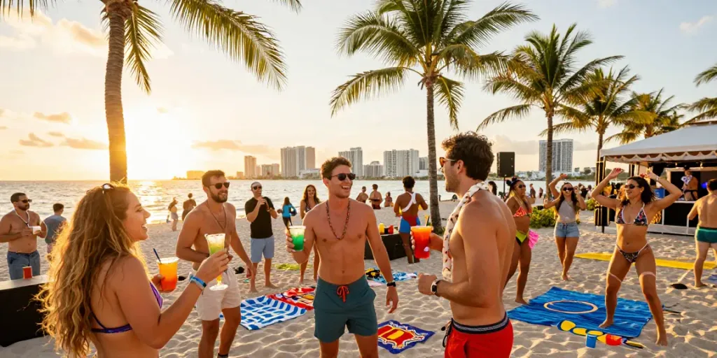 Miami bachelor party strippers entertaining friends on the beach with cocktails at sunset