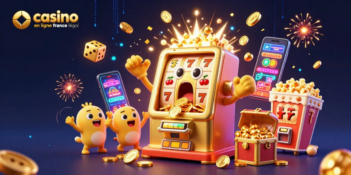 Illustration dynamique d'un casino en ligne France légal avec des machines à sous et des symboles de jackpot.