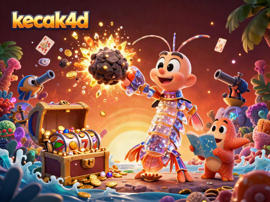 Engage with kecak4d's vibrant 3D casino scene featuring swirling slot reels and vibrant gems.