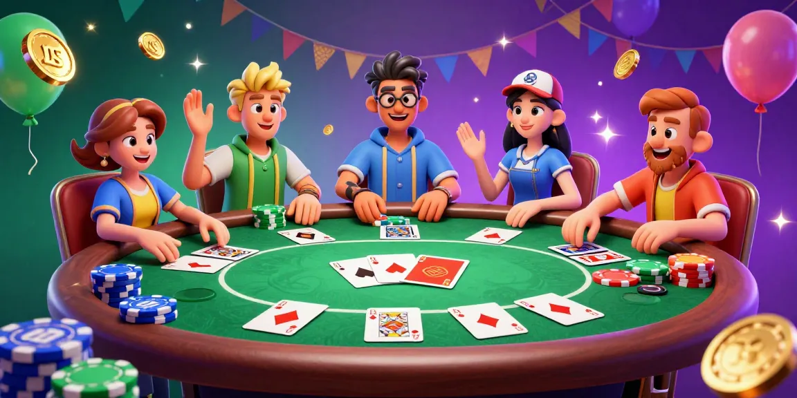 Gagnez avec poker en ligne en jouant à la table, entouré de joueurs et de jetons colorés.
