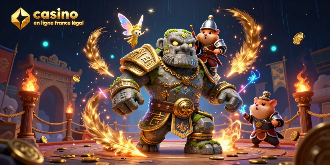 Image dynamique d'un golem gardien en jeu de casino en ligne, avec des éléments magiques et lumineux.