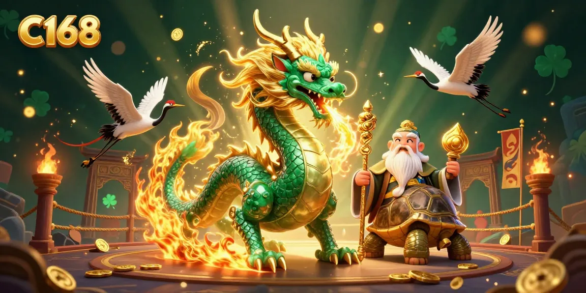 C168 platform featuring a majestic jade dragon, a turtle sage, and lucky cranes in a vibrant online casino setting.