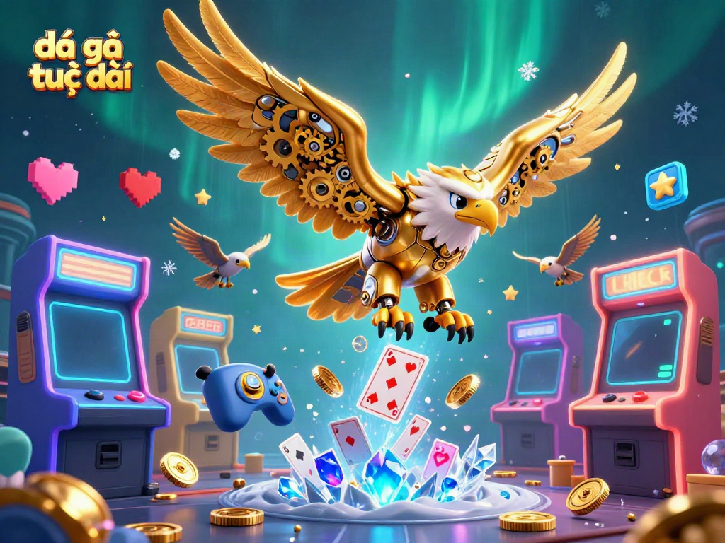Experience exhilarating đá gà trực tiếp with a cybernetic eagle amidst vibrant gaming elements.