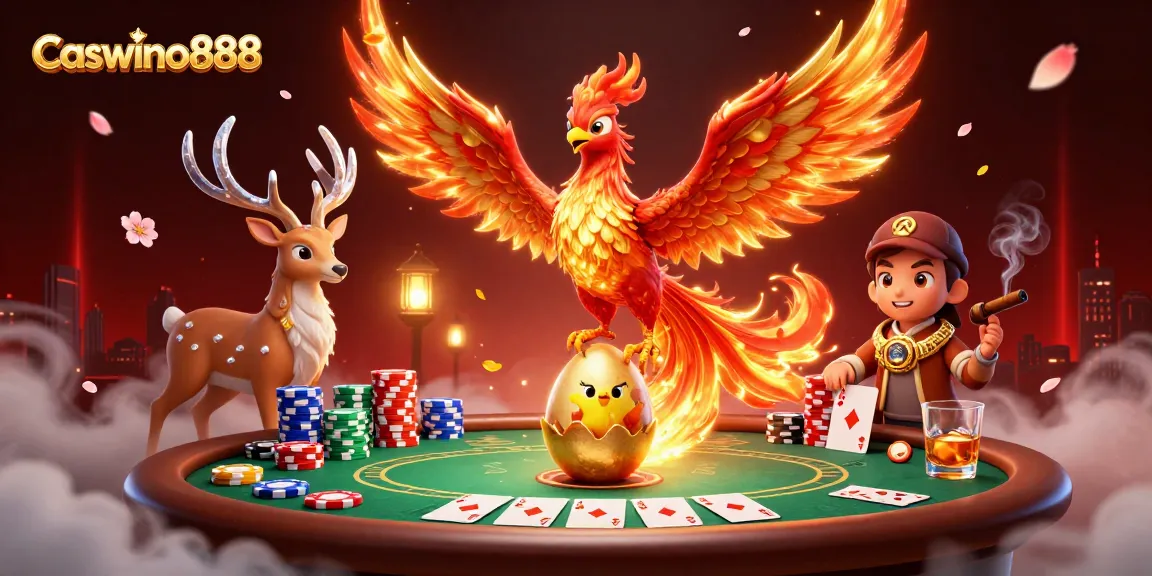 Experience the vibrant Caswino888 casino scene with mythical creatures and poker elements.