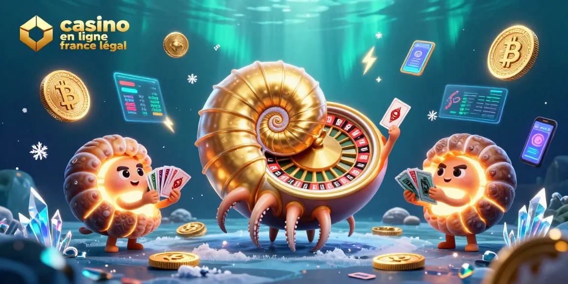 Plongez dans l'univers du casino en ligne France légal avec un nautilus géant et des crypto-monnaies illuminées.