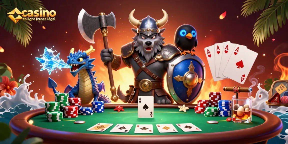 Illustration dynamique de "casino en ligne légal en France" montrant un guerrier viking et un dragon au poker.