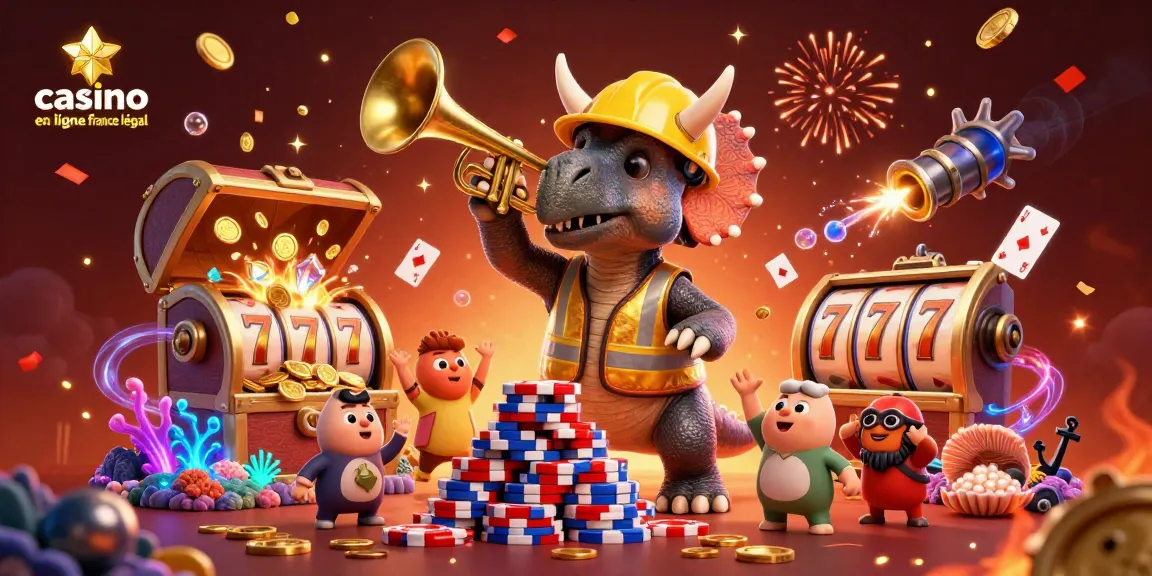 Jouez avec le casino en ligne France légal, illustration animée de dinosaures construisant un empire de poker