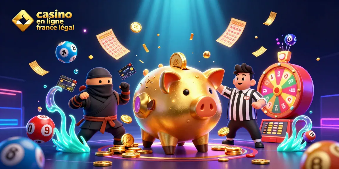 Illustration animée 3D dynamique pour "casino en ligne france légal" avec un sumo et des éléments de loterie.
