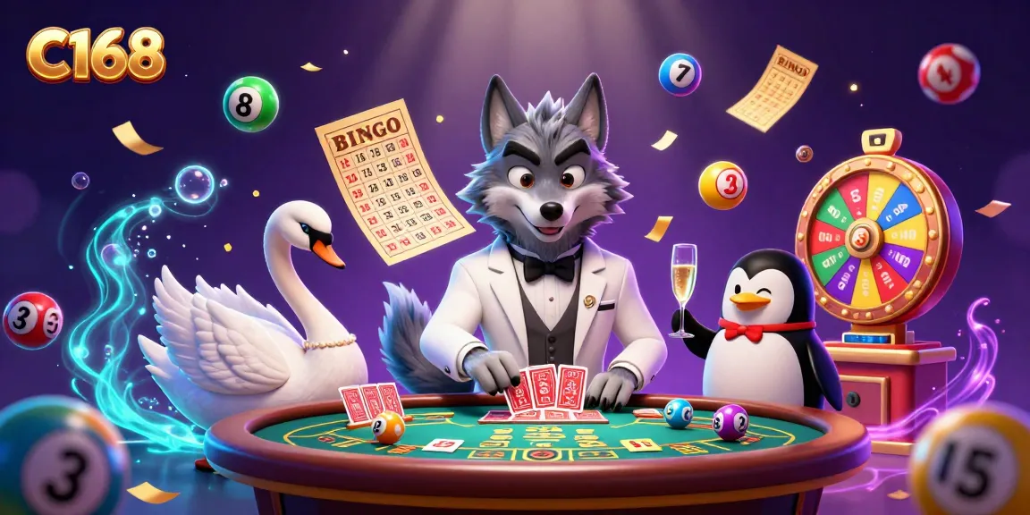 Experience the excitement of C168 casino with a lively scene featuring a debonair wolf, card-dealing swan, and sophisticated penguin.