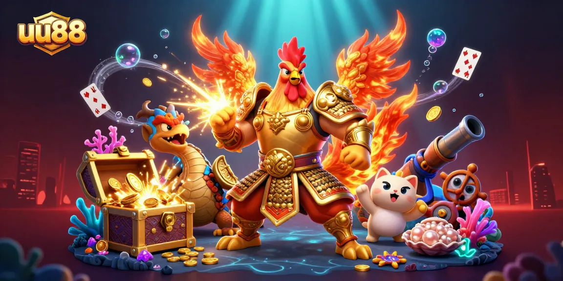 Engage with uu88's dynamic gaming scene featuring vibrant characters and rich casino elements.