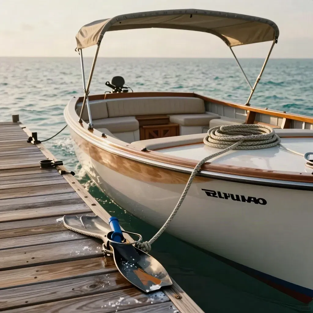 Skiff tied to a jetty with fins, canopy and wake, ready for island tours.