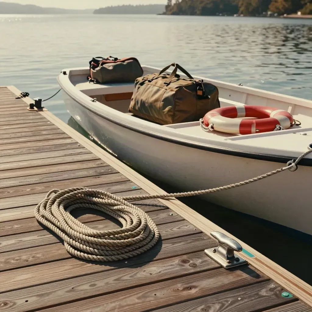 White water taxi tied to a marina dock with rope, duffel, life ring, and sea haze