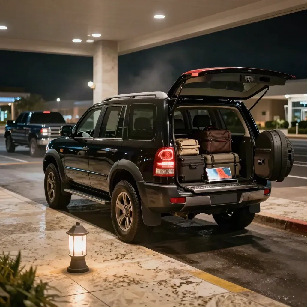 Black resort SUV waits under an airport portico with luggage and warm lantern light.